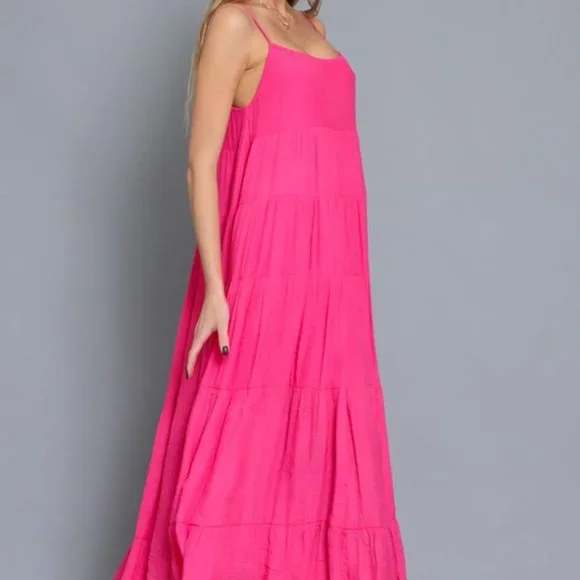 Vici | Dresses | Hot Pink Bright Tiered Maxi Dress Adjustable Straps Yellow  | Poshmark